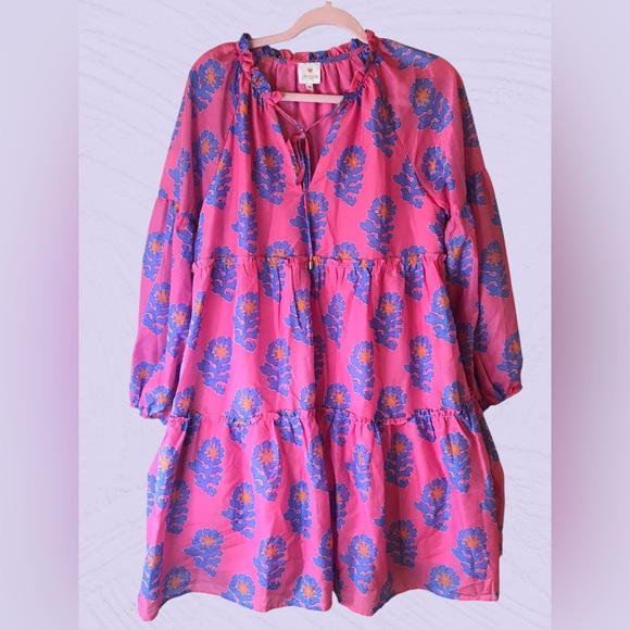 NWOT J. Marie Womens Dress M Piper Pink Purple Tier Peasant Boho - Picture 1 of 4
